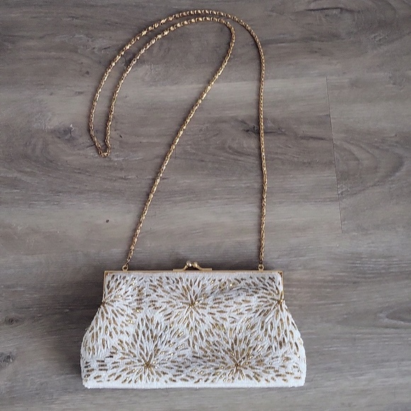Handbags - Vintage Gold & White Beaded Evening Bag | Chain Strap Clutch Purse